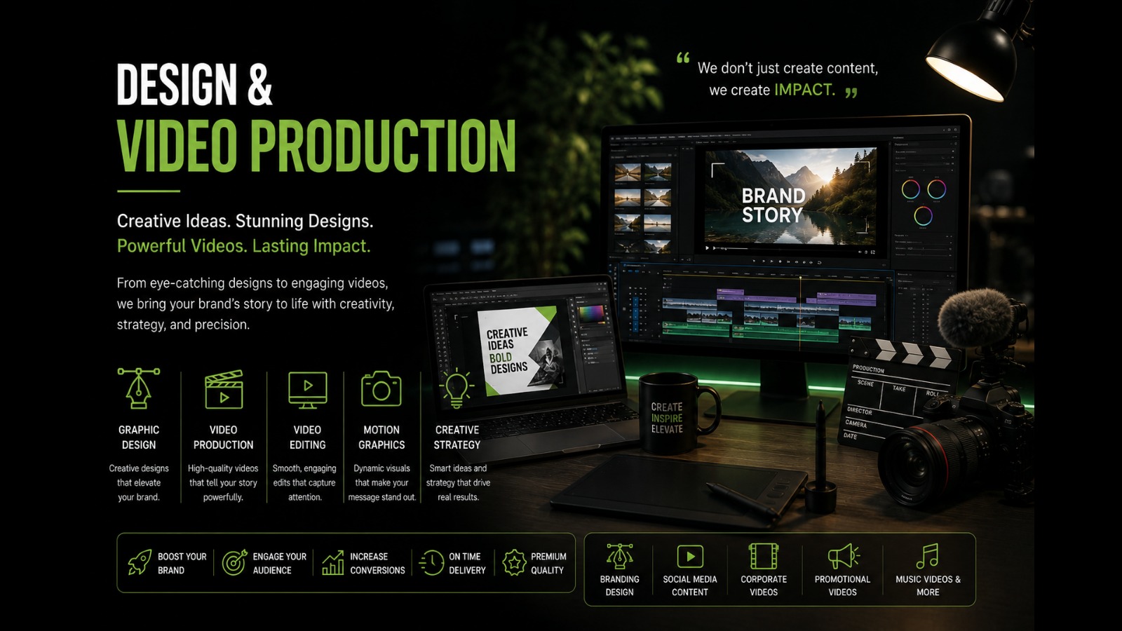 Design and video production — creative ideas, stunning designs, powerful videos