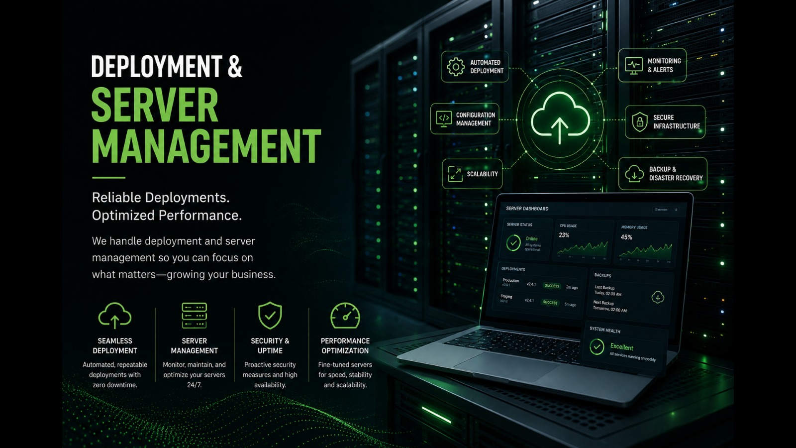 Deployment and server management — reliable deployments, optimized performance
